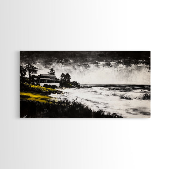 Coastal Landscape, Black and White, Framed Canvas Print, Beach House Wall Art, Nautical Decor, Ocean View Art, Minimalist Seascape