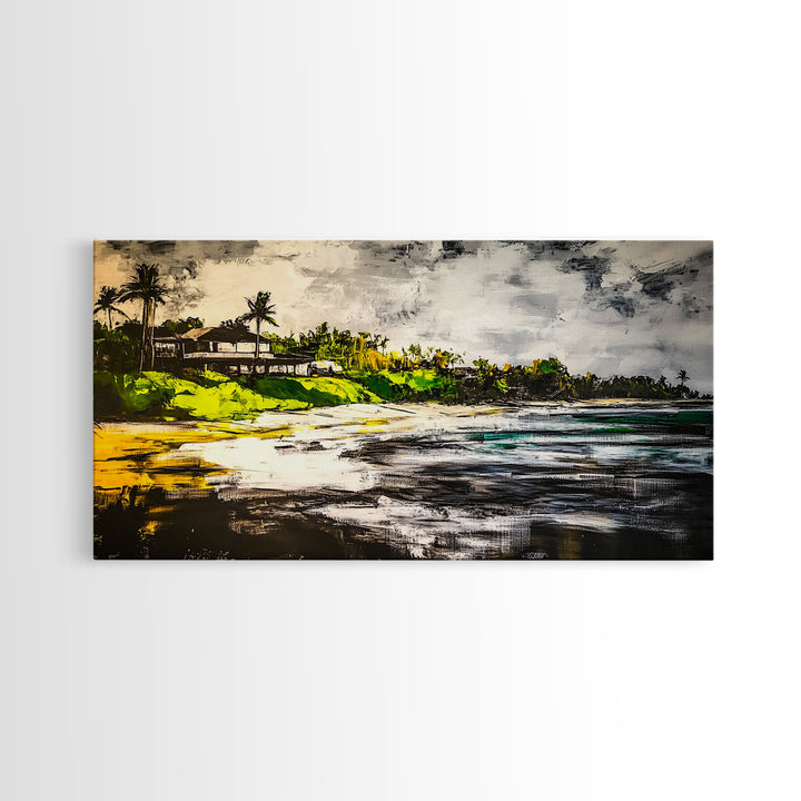 Beach House, Ocean View, Tropical Landscape, Framed Canvas Print, Coastal Art, Beach Wall Decor, Living Room Art, Boho Wall Art
