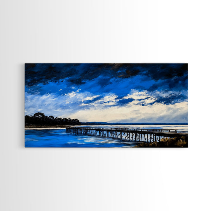 Blue Pier, Lake Scene, Stormy Sky, Framed Canvas Print, Nautical Art, Minimalist Landscape, Bedroom Wall Decor, Large Wall Art