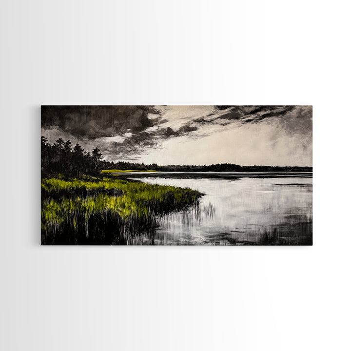 Marshland, Moody Sky, Lakeside View, Canvas Print, Nature Photography, Living Room Wall Art, Rustic Landscape, Neutral Tones Decor