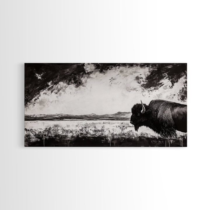 Bison Landscape, Western Art, Black and White Buffalo, Rustic Home Decor, Southwestern Wall Art, Nature Artwork, Framed Canvas Print