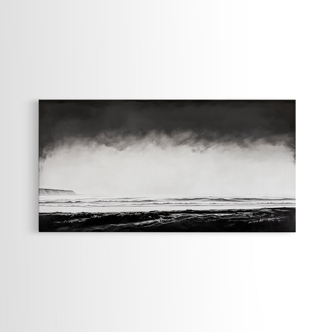 Foggy Ocean, Misty Beach, Black and White Minimalist, Canvas Print, Modern Wall Art, Bedroom Decor, Neutral Tones, Serene Seascape
