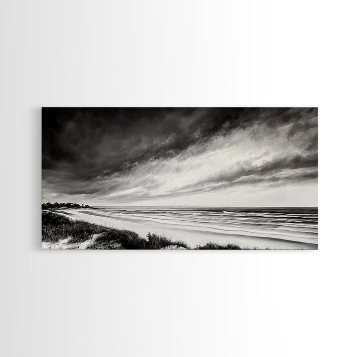 Coastal Storm, Dramatic Beach Scene, Black and White Seascape, Modern Coastal Art, Neutral Wall Decor, Canvas Print, Living Room Art
