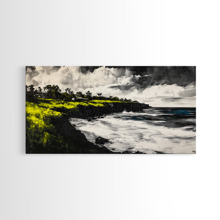 Cliffside Ocean View Landscape, Black and White Seascape, Nautical Wall Decor, Living Room Art, Beach House Scene, Framed Canvas Print