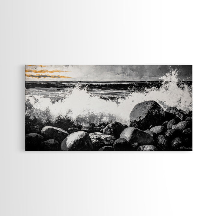 Rocky Shore, Powerful Ocean Waves, Dramatic Black and White Seascape, Coastal Home Decor, Framed Canvas Print, Living Room Accent