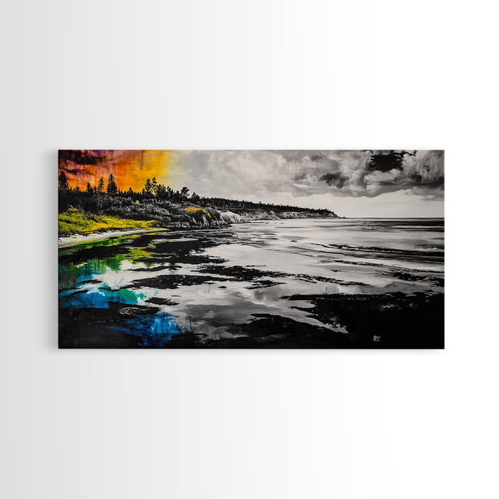 Coastal Landscape, Black White, Ocean View Art, Beach Canvas Print, Living Room Wall Art, Seascape Painting, Nautical Decor, Large Art