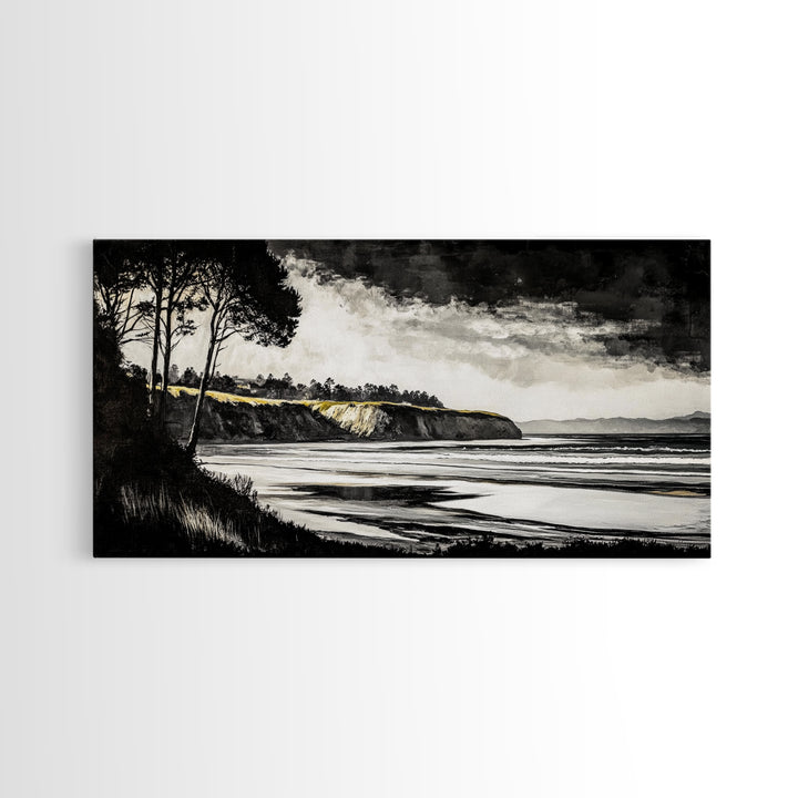 Black White, Coastal Cliffs, Seascape, Large Canvas Print, Ocean Wall Art, Modern Landscape, Minimalist Painting, Nautical Home Decor