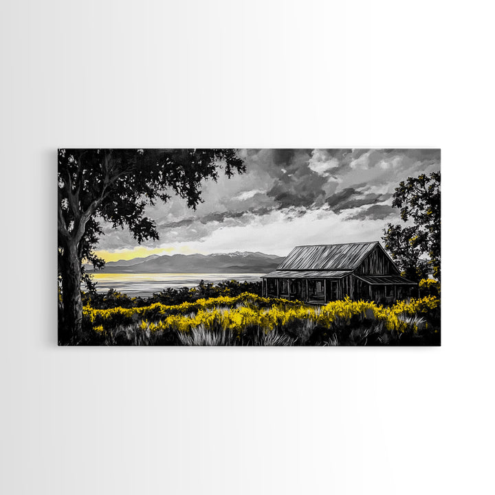 Rustic Cabin, Lake View, Black White Yellow, Large Canvas Print, Country Landscape, Farmhouse Wall Art, Living Room Decor, Framed Artwork