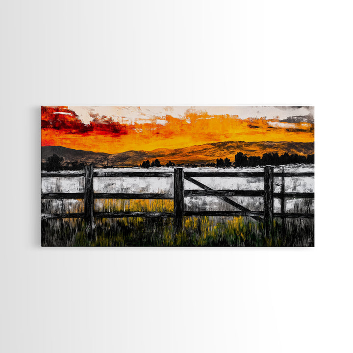 Sunset Fence, Mountain View, Rustic Canvas Print, Large Wall Art, Autumn, Farmhouse Painting, Framed Canvas Print, Moody Home Decor