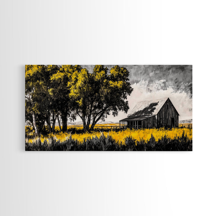 Rustic Barn, Country Wall Art, Western Farmhouse Decor, Black and White Art, Nature Landscape, Living Room Wall Art, Framed Canvas Print