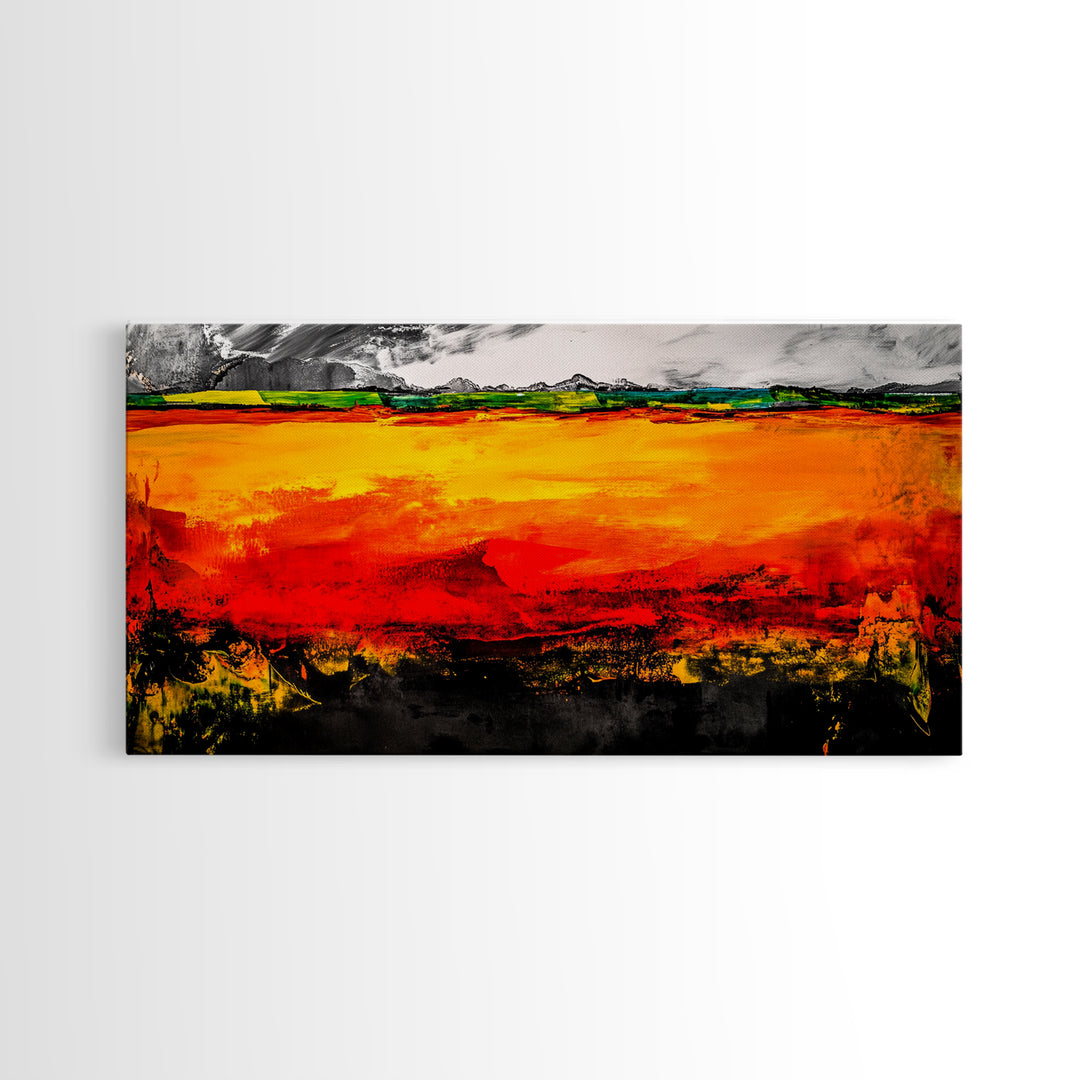 Fiery Horizon, Abstract Landscape, Modern Southwest Art, Bold Colorful Painting, Dramatic Wall Art, Living Room Art, Framed Canvas Print