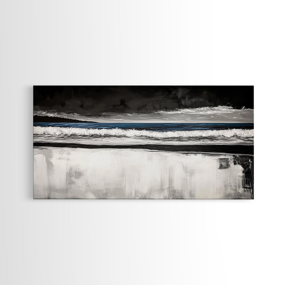 Stormy Beach, Coastal Landscape, Black and White Ocean Art, Moody Seascape, Nautical Home Decor, Modern Minimalist Art, Canvas Print