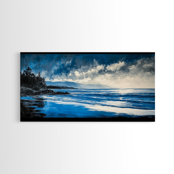 Blue Seascape, Coastal Landscape, Ocean Horizon Art, Serene Beach Painting, Nautical Wall Decor, Living Room Wall Art, Framed Canvas Print