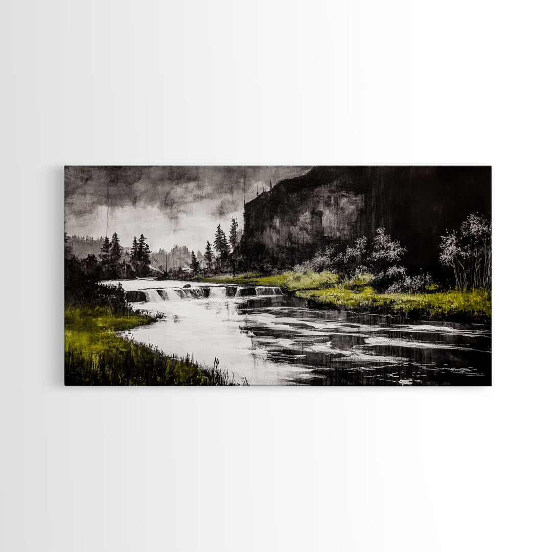 Forest Waterfall, Black and White Landscape, Nature Wall Art, Rustic Lodge Decor, Cabin Home Art, Peaceful River Scene, Canvas Print