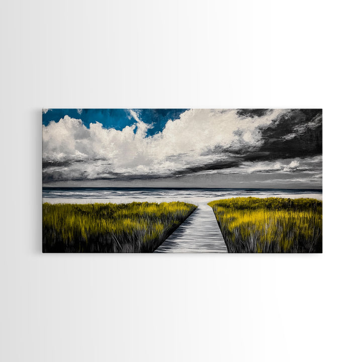 Beach Boardwalk, Coastal Landscape, Black and White Seascape, Nautical Decor, Living Room Artwork, Beach House Scene, Framed Canvas Print