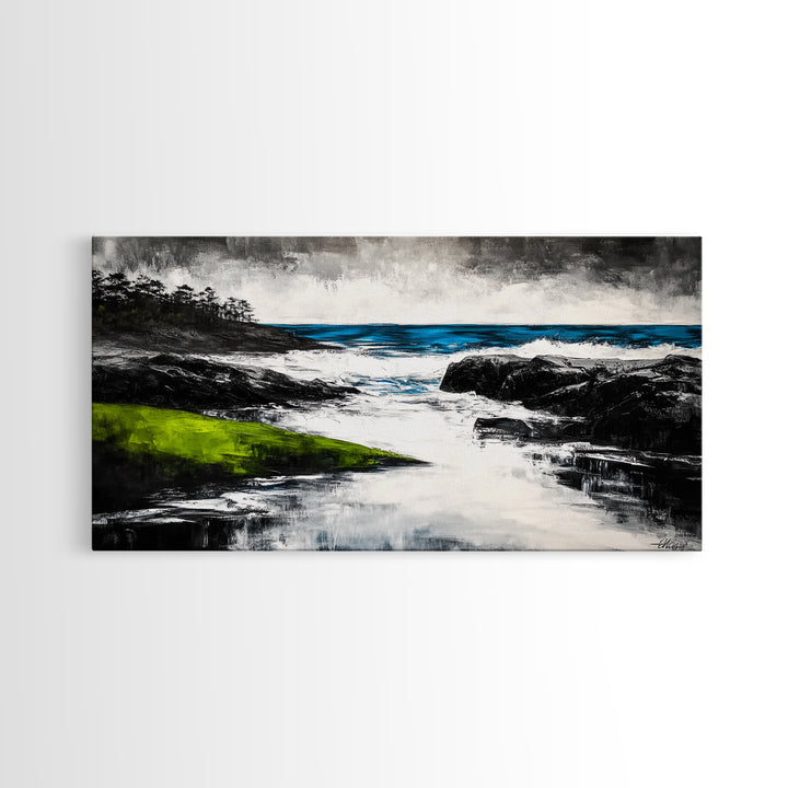 Rocky Shore, Ocean Wave Art, Coastal Seascape, Dramatic Beach Painting, Nautical Home Decor, Modern Coastal Print, Canvas Print