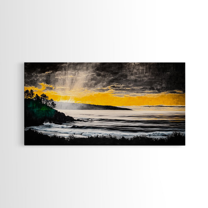 Golden Sunset, Coastal Painting, Dramatic Sky, Framed Canvas Print, Seascape Wall Art, Contemporary Art, Bedroom Wall Decoration
