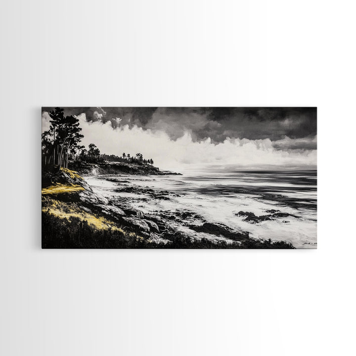 Rocky Shore, Monochrome Art, Serene Beach, Canvas Print, Coastal Landscape, Minimalist Art, Office Wall Decor, Nature Inspired Art