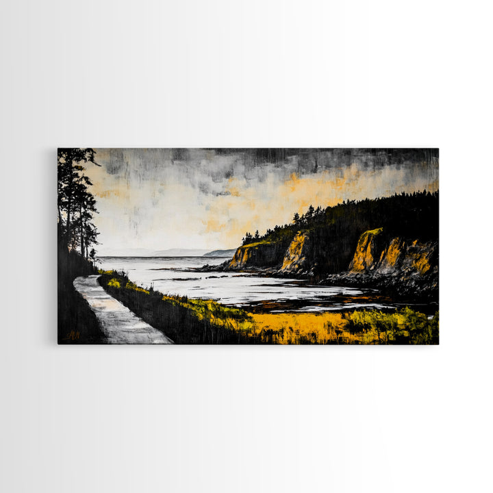 Rugged Shore, Coastal View, Autumn Landscape, Framed Canvas Print, Beach House Art, Living Room Wall Art, Minimalist Seascape Decor