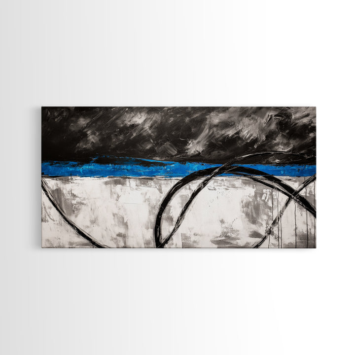 Blue Horizon, Abstract Lines, Framed Canvas Print, Minimalist Painting, Office Wall Art, Geometric Decor, Black and White Aesthetic