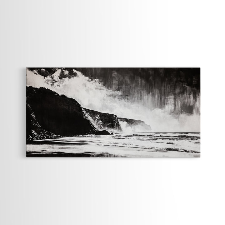 Cliffside Beach, Dramatic Seascape View, Framed Canvas Print, Black and White Art, Minimalist Decor, Bedroom Wall Art, Coastal Aesthetic