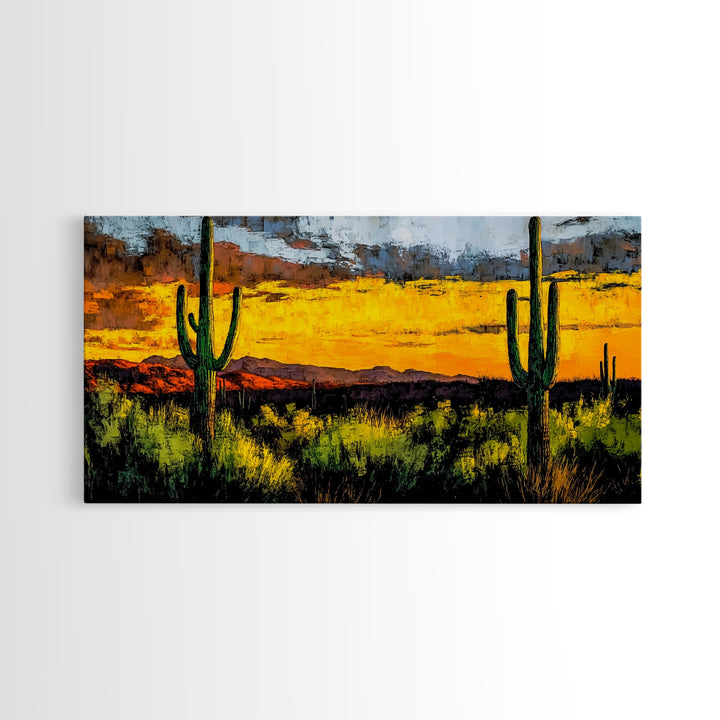 Desert Cactus, Western Sunset Art, Vibrant Landscape Canvas Print, Rustic Home Decor, Southwestern Wall Art, Office Art