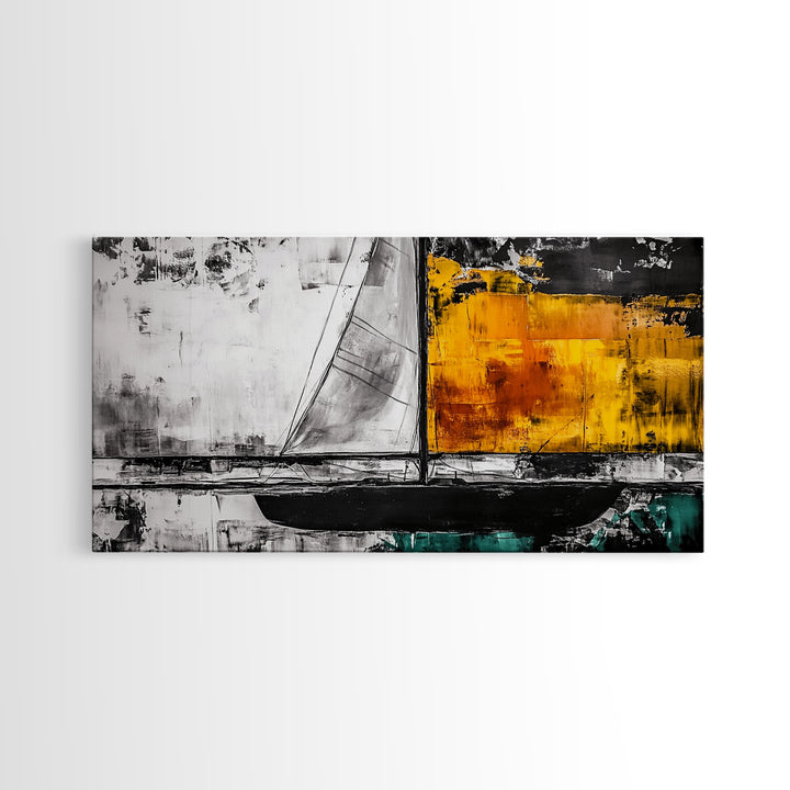 Abstract Sailboat, Nautical Canvas Print, Modern Minimalist Wall Art, Coastal Home Decor, Black and White Painting, Living Room Art
