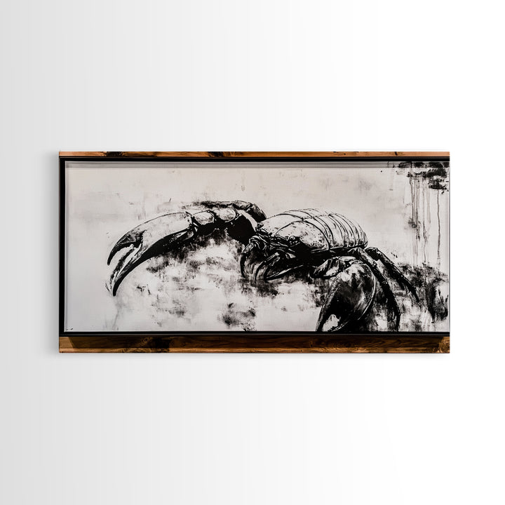 Crab Art, Black and White Coastal Decor, Nautical Wall Art, Beach House Aesthetic, Rustic Framed Canvas Print, Ocean Wildlife Art