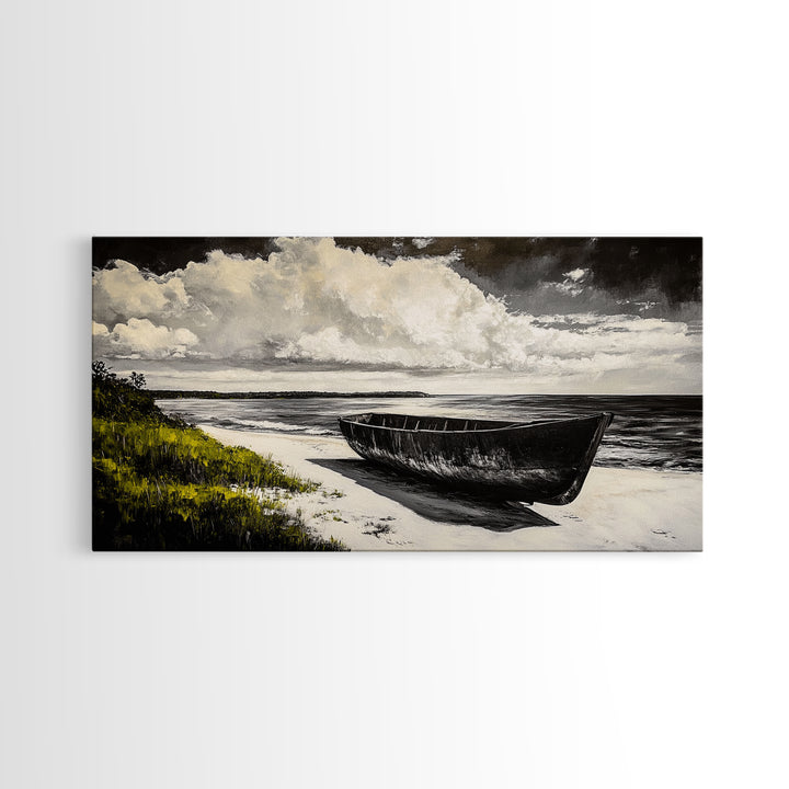 Abandoned Boat, Black White, Seaside Art, Framed Canvas Print, Rustic Beach Decor, Nautical Wall Art, Coastal Print, Office Decor