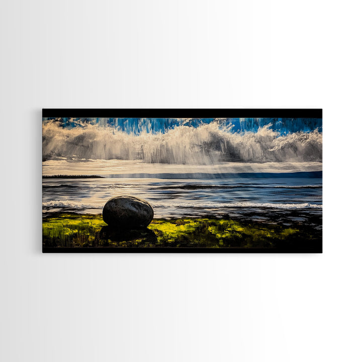 Coastal Rain, Ocean Reflection, Scenic Wall Art, Framed Canvas Print, Serene Nature Print, Landscape Decor, Bedroom Wall Art