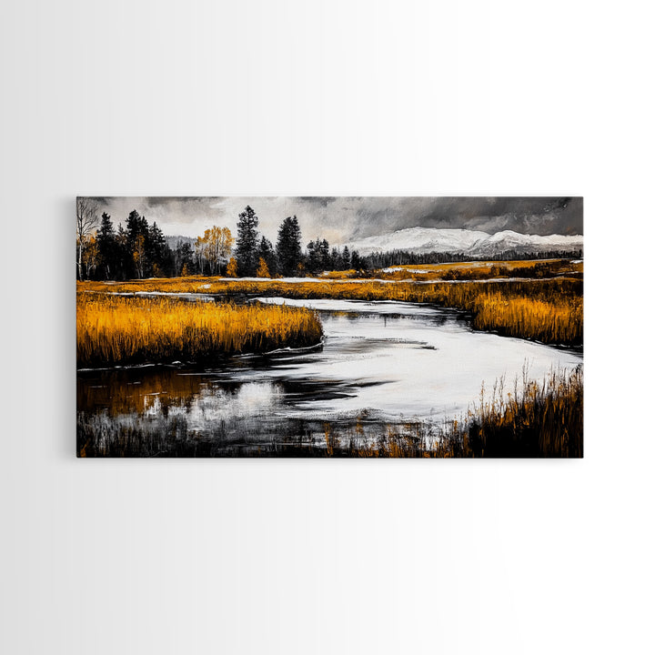 Autumn Landscape, Rustic River Scene, Golden Fields, Nature Wall Art, Farmhouse Style, Cabin Decor, Warm Tones, Framed Canvas Print