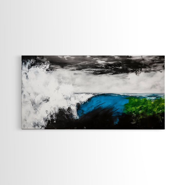 Powerful Wave, Ocean Energy, Coastal Vibes, Modern Abstract, Blue and Green Art, Large Statement, Beach House, Framed Canvas Print