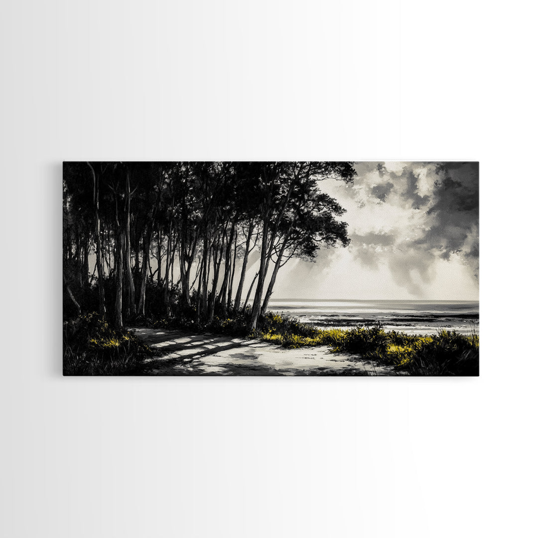 Forest Path, Coastal Landscape, Black and White Art, Tranquil Scene, Nature Wall Art, Minimalist Decor, Living Room, Canvas Print