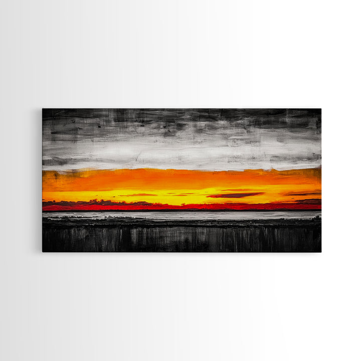 Fiery Sunset, Dramatic Sky, Abstract Landscape, Bold Colors, Modern Expressionism, Vibrant Wall Decor, Warm Tones, Framed Canvas Print