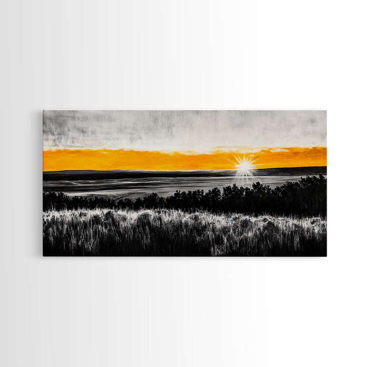 Sunrise Over Fields, Golden Light, Black and White Contrast, Tranquil Scene, Minimalist Wall Art, Warm Tones, Framed Canvas Print
