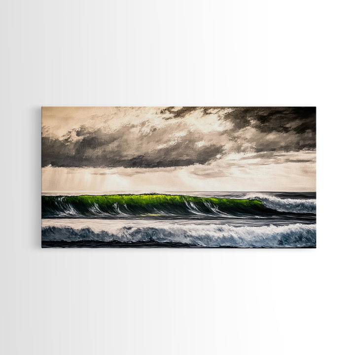 Green Wave, Stormy Ocean, Dramatic Canvas Print, Coastal Wall Art, Surfing Art, Minimalist Waves, Office Decor, Modern Seascape