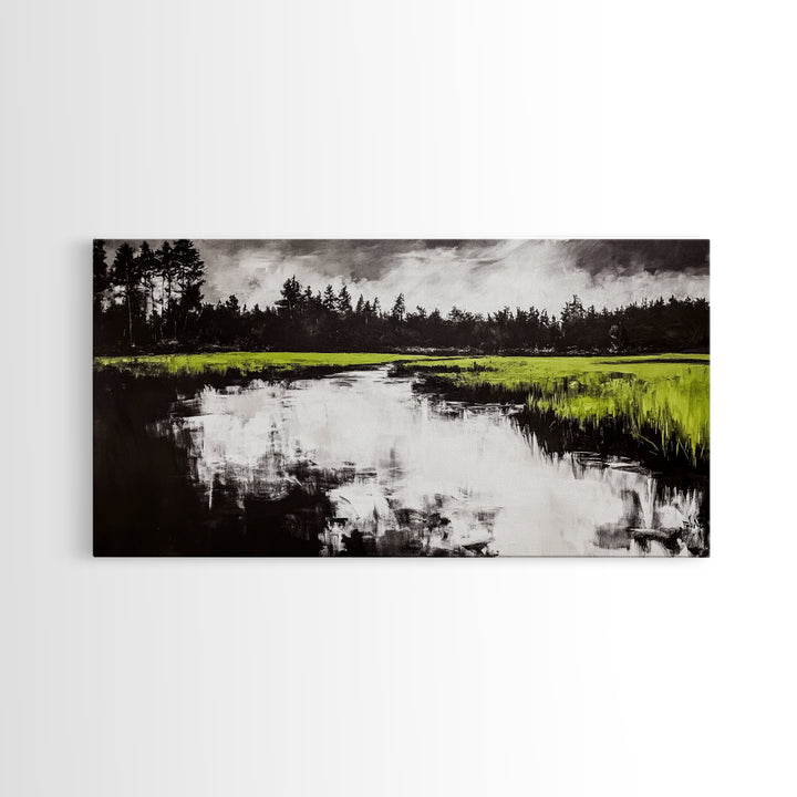 River Reflection, Nature Art, Moody Landscape, Modern Canvas Print, Green and Black, Office Wall Art, Minimalist Home Decor, Rustic Art