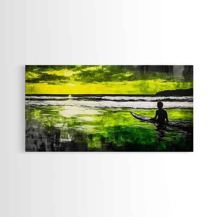Surfer Waiting, Ocean Art, Tropical Canvas Print, Vibrant Green, Modern Wall Art, Surfing Decor, Beach House Vibes, Coastal Painting