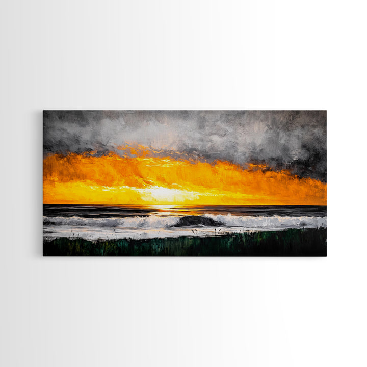 Ocean Sunset, Dramatic Clouds, Beach Waves, Framed Canvas Print, Coastal Wall Art, Living Room Art, Large Wall Decor