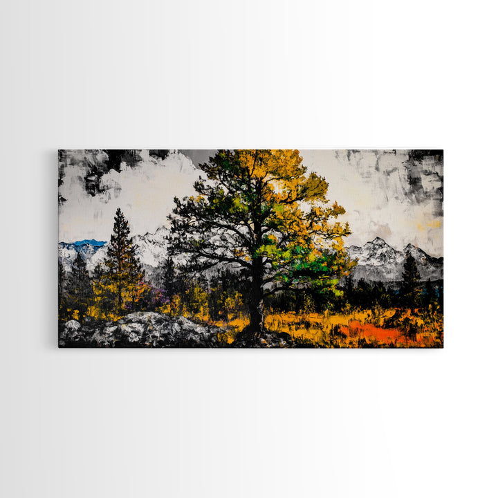 Autumn Tree Art, Mountain Landscape Painting, Fall Wall Decor, Nature Lover Gift, Framed Canvas Print, Rustic Cabin Home Accent