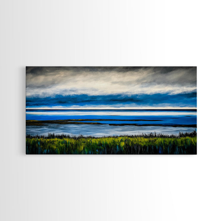 Ocean Horizon, Blue Sky, Coastal, Minimalist, Framed Canvas Print, Seascape Painting, Modern Wall Art, Living Room Decor, Tranquil Scene