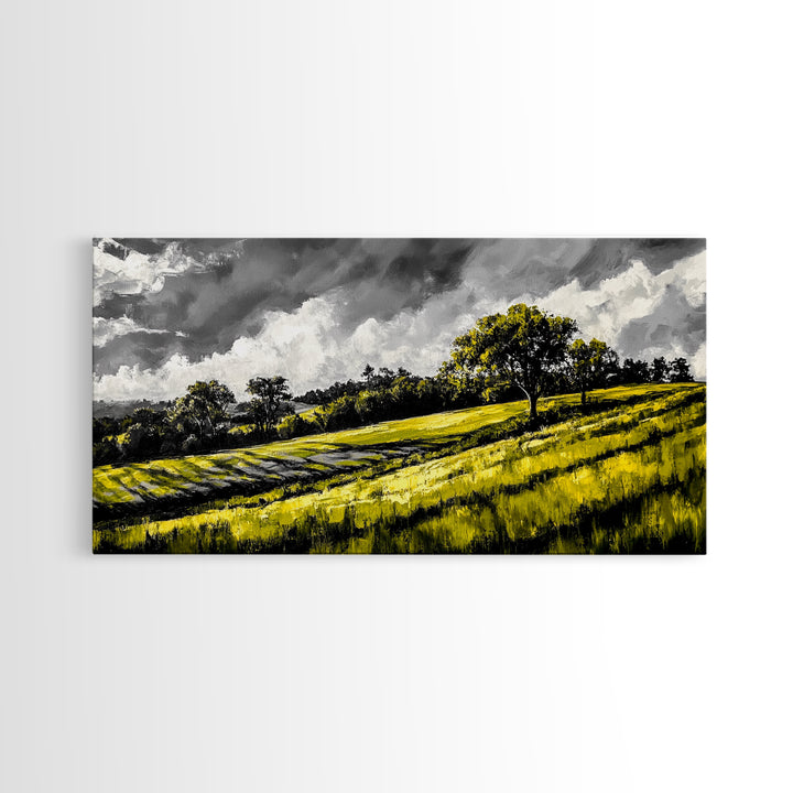Rolling Hills Landscape, Peaceful Countryside Art, Green Field Painting, Rustic Home Decor, Framed Canvas Print, Serene Wall Accent