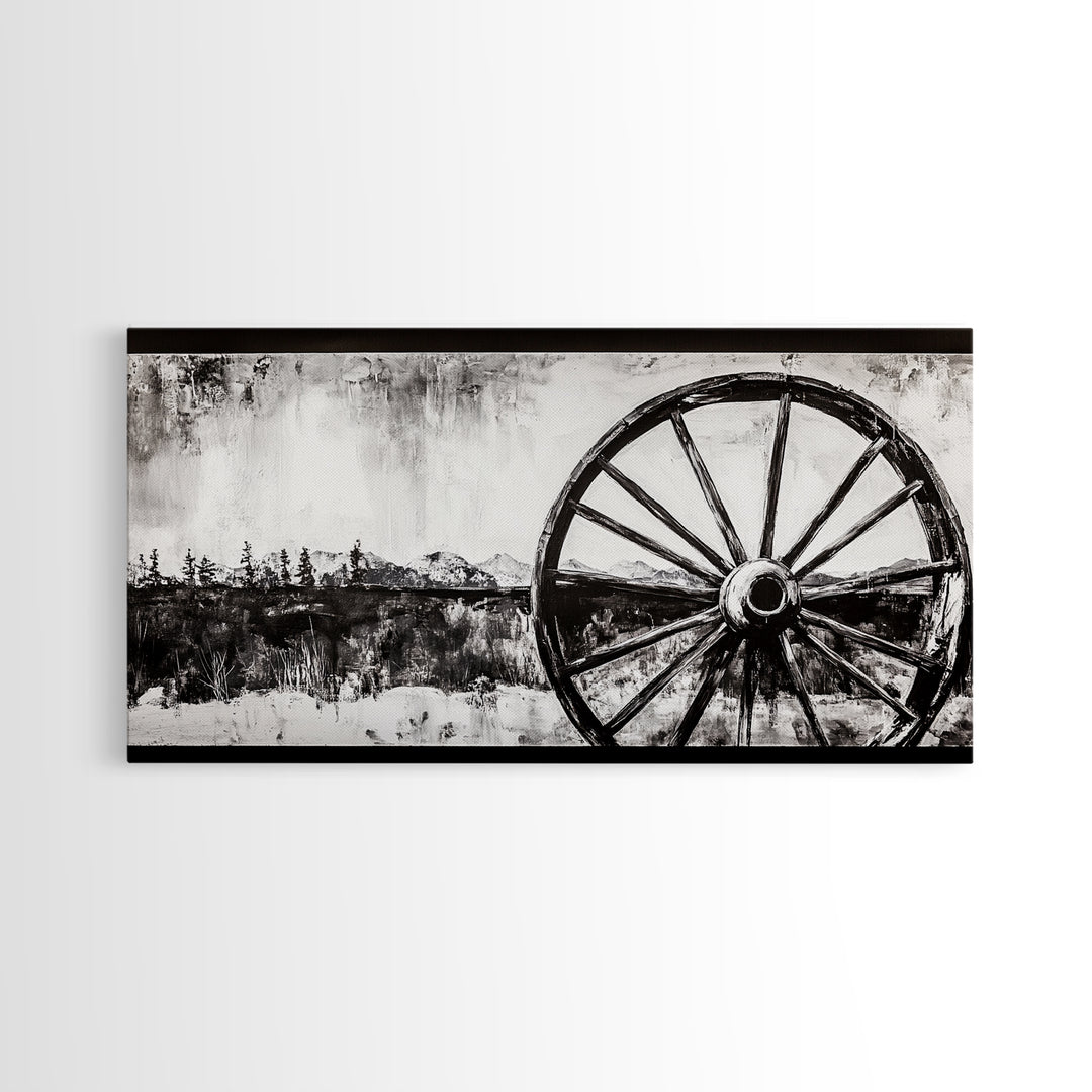 Wagon Wheel, Mountain Landscape, Black and White Western Art, Rustic Home Decor, Framed Canvas Print, Farmhouse Living Room Art