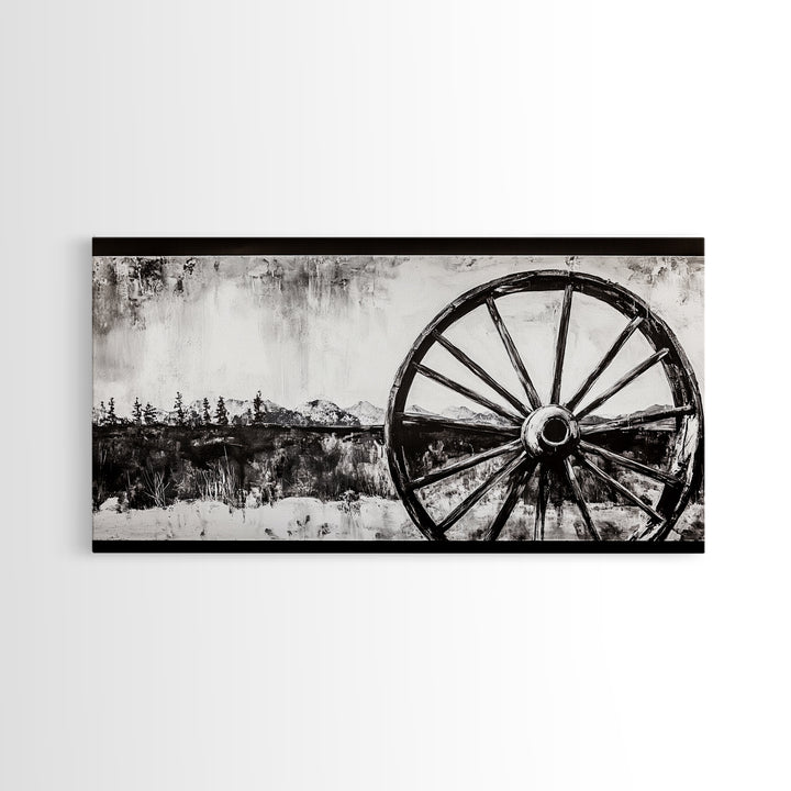 Wagon Wheel, Mountain Landscape, Black and White Western Art, Rustic Home Decor, Framed Canvas Print, Farmhouse Living Room Art