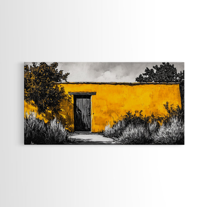Adobe House, Southwestern Art, Yellow Wall Painting, Rustic Desert Decor, Black and White Canvas Print, Living Room Wall Art