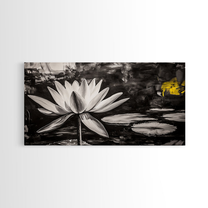 Lotus Flower, Black and White Botanical Art, Zen Wall Decor, Nature Painting, Minimalist Canvas Print, Bedroom Meditation Art