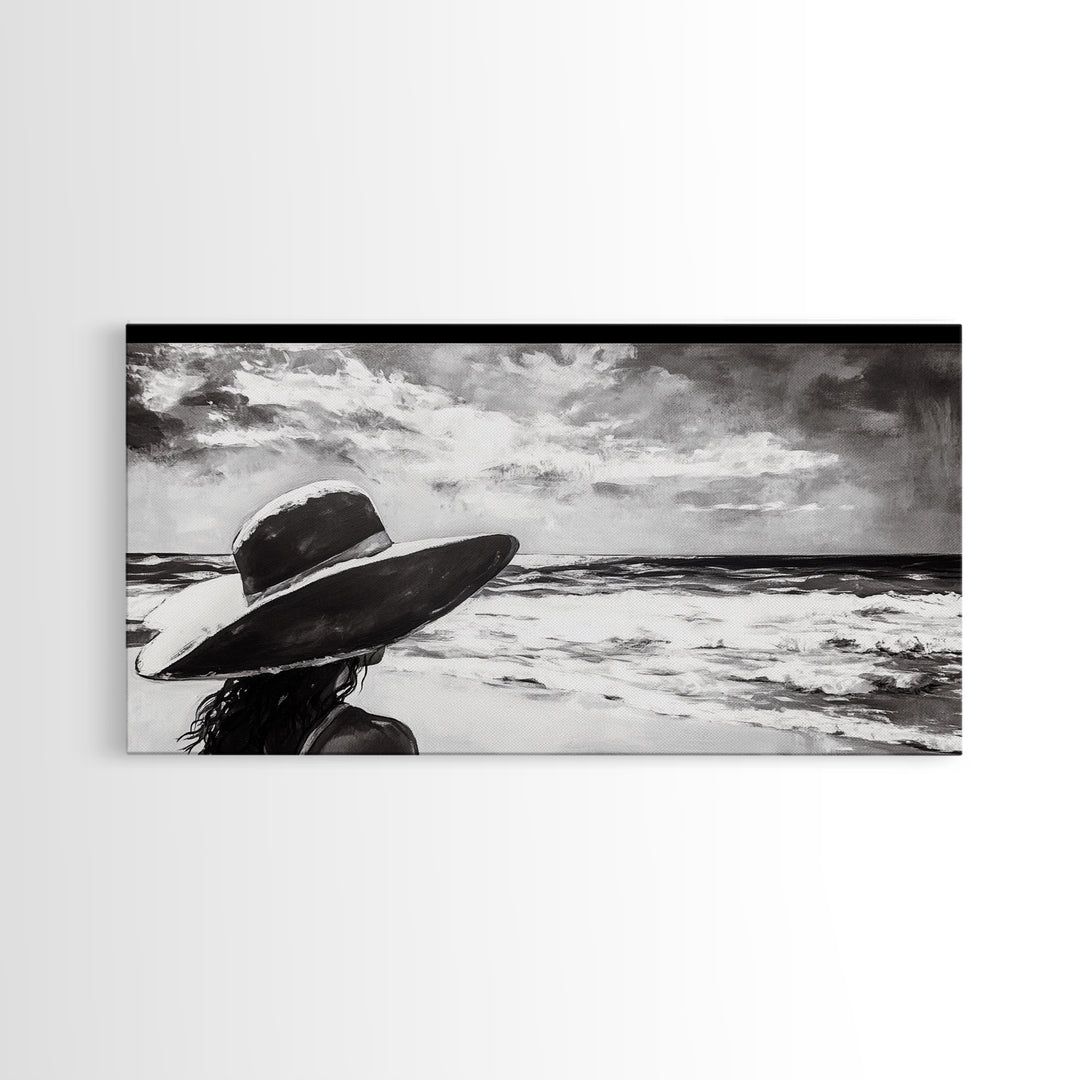 Woman at Beach, Black and White Wall Art, Minimalist Canvas Print, Modern Coastal Decor, Ocean View Art, Living Room Wall Art