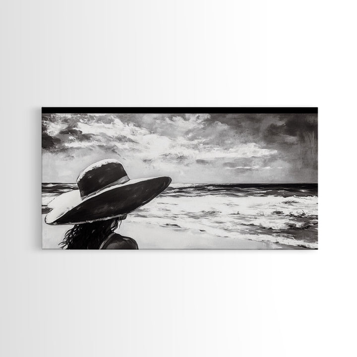 Woman at Beach, Black and White Wall Art, Minimalist Canvas Print, Modern Coastal Decor, Ocean View Art, Living Room Wall Art
