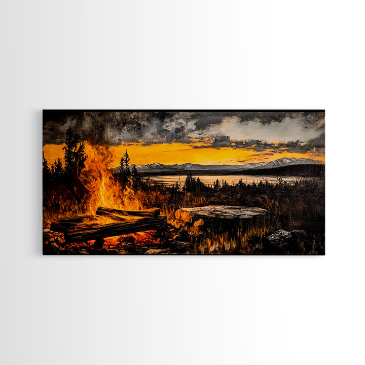 Campfire, Mountain Art, Sunset Landscape, Wilderness Print, Outdoor Wall Art, Adventure Home Decor, Cabin Wall Art, Framed Canvas Print