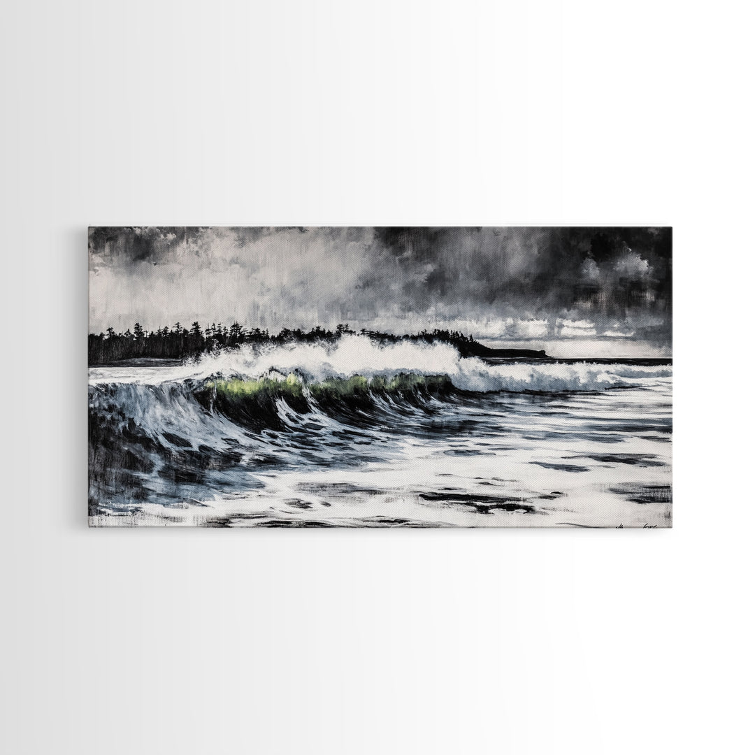 Ocean Wave, Coastal Art, Large Wall Art, Black and White Painting, Abstract Seascape, Living Room Decor, Framed Canvas Print, Beach House
